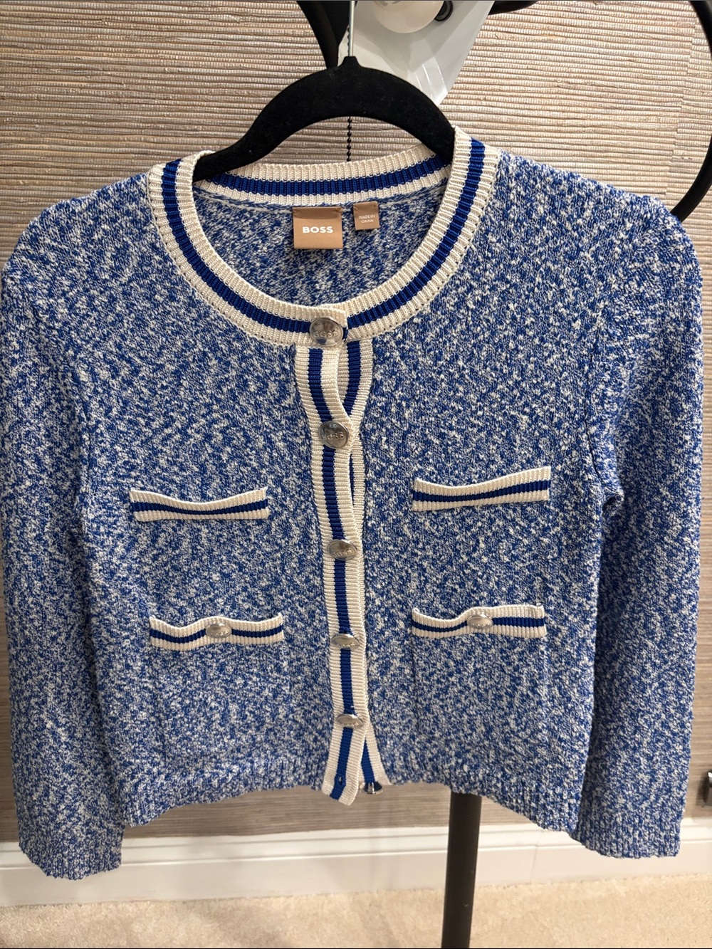 BOSS Blue & Cream Oversized Tweed-Style Button Cardigan